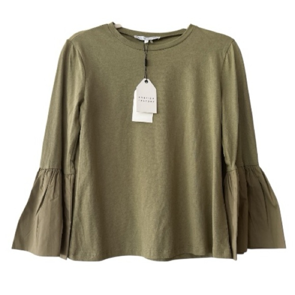 ENGLISH FACTORY cotton top, sz small,army green Long sleeves with poplin bells